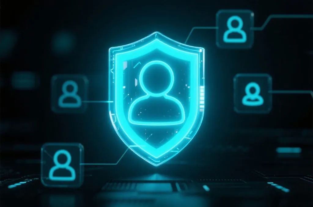 Glowing holographic shield protecting user profile icons on a dark tech background
