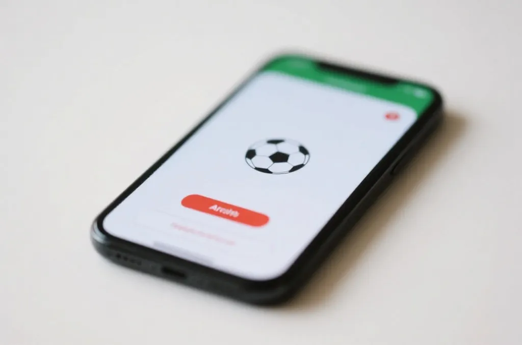 A close-up of a smartphone screen showing a sports notification alert with a soccer ball icon, clean UI, soft ambient background
